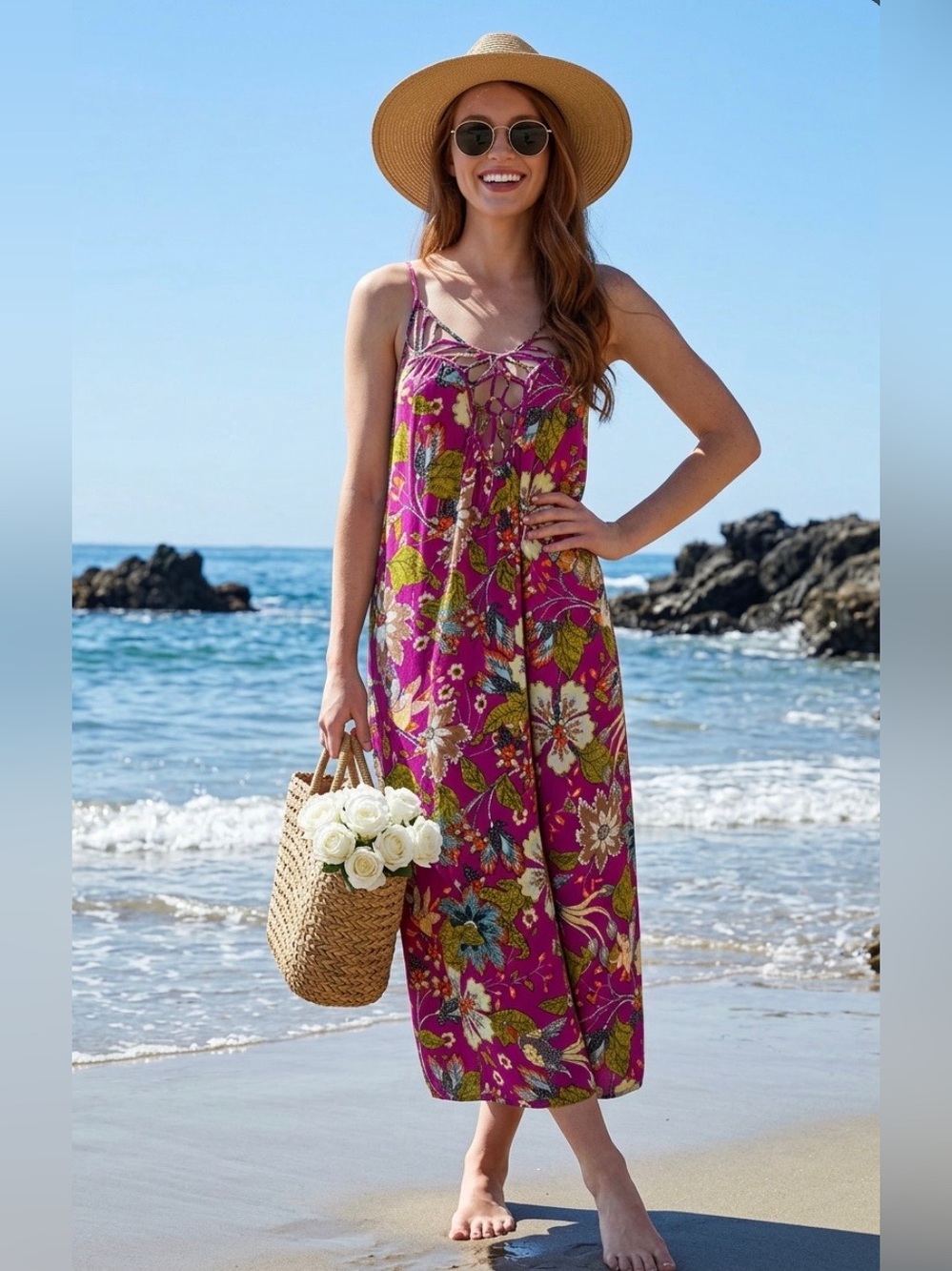 New ANTHROPOLOGIE Bird Floral Maxi Dress Flowy Boho Magenta Strappy Cutout  Pink